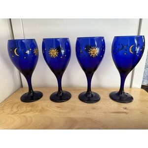 Libbey Glass - CELESTIAL - Sun, Moon & Stars - Set of 4 - 7 3/8" WATER GOBLETS